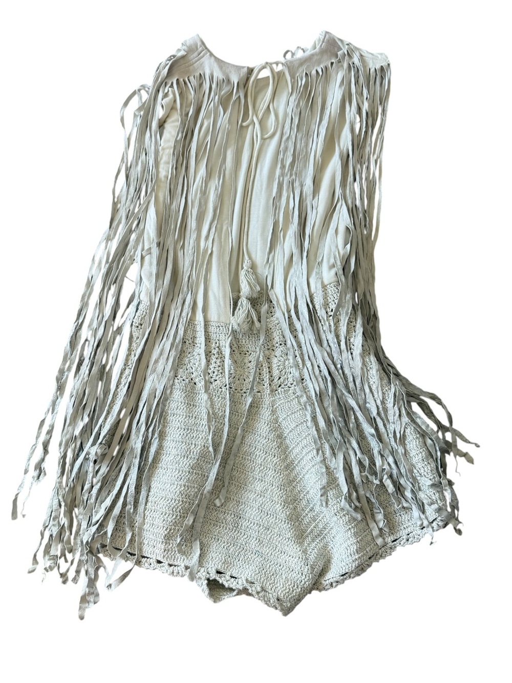 Free People Cream Crochet Fringe Leather Boho Festival Romper Shorts Western L - Picture 11 of 15